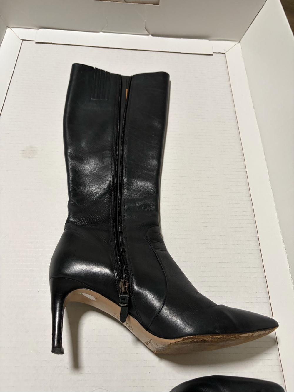 Women's Black Leather Mid-Calf Pointed-Toe Heeled Boot with Side Zip
